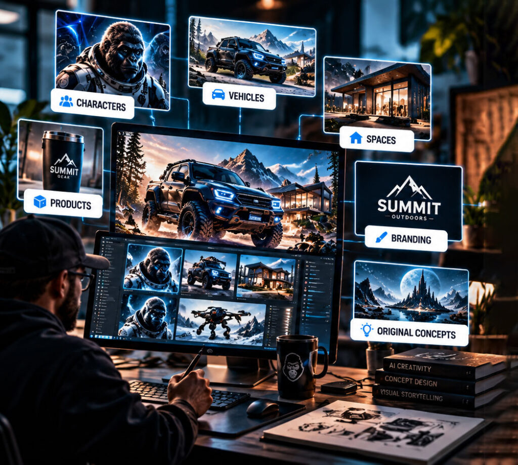 AI-powered creative design concepts featuring custom vehicles, characters, product designs, branding, and architectural visualizations.